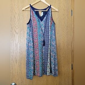 Olive & Oak floral boho sleeveless shift swing sundress v neck tassel cut out S